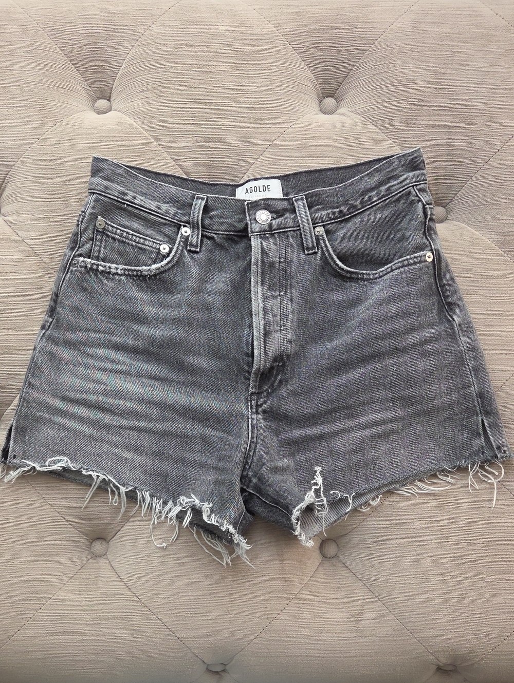 Agolde Washed Black High-Rise Frayed Denim Shorts